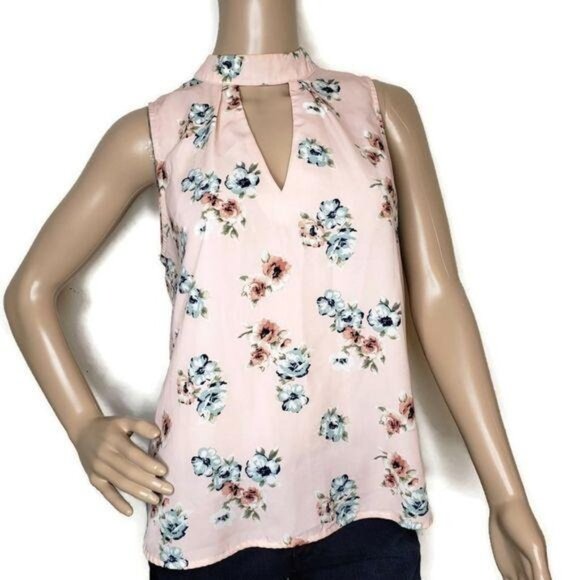 Womens Sleeveless Floral Print Blouse Top pink with flowers keyhole neck Medium - Picture 1 of 5